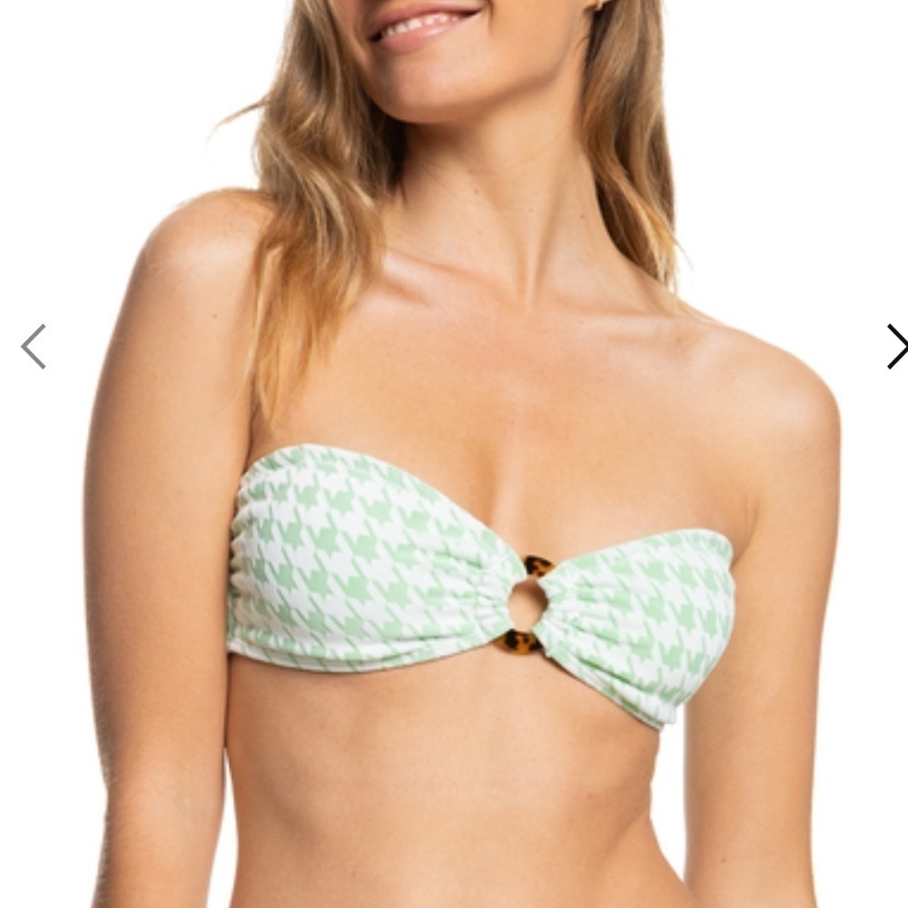 NEW Roxy Check it Bandeau Bikini Top ERJX304818 Green White Size Large NWT